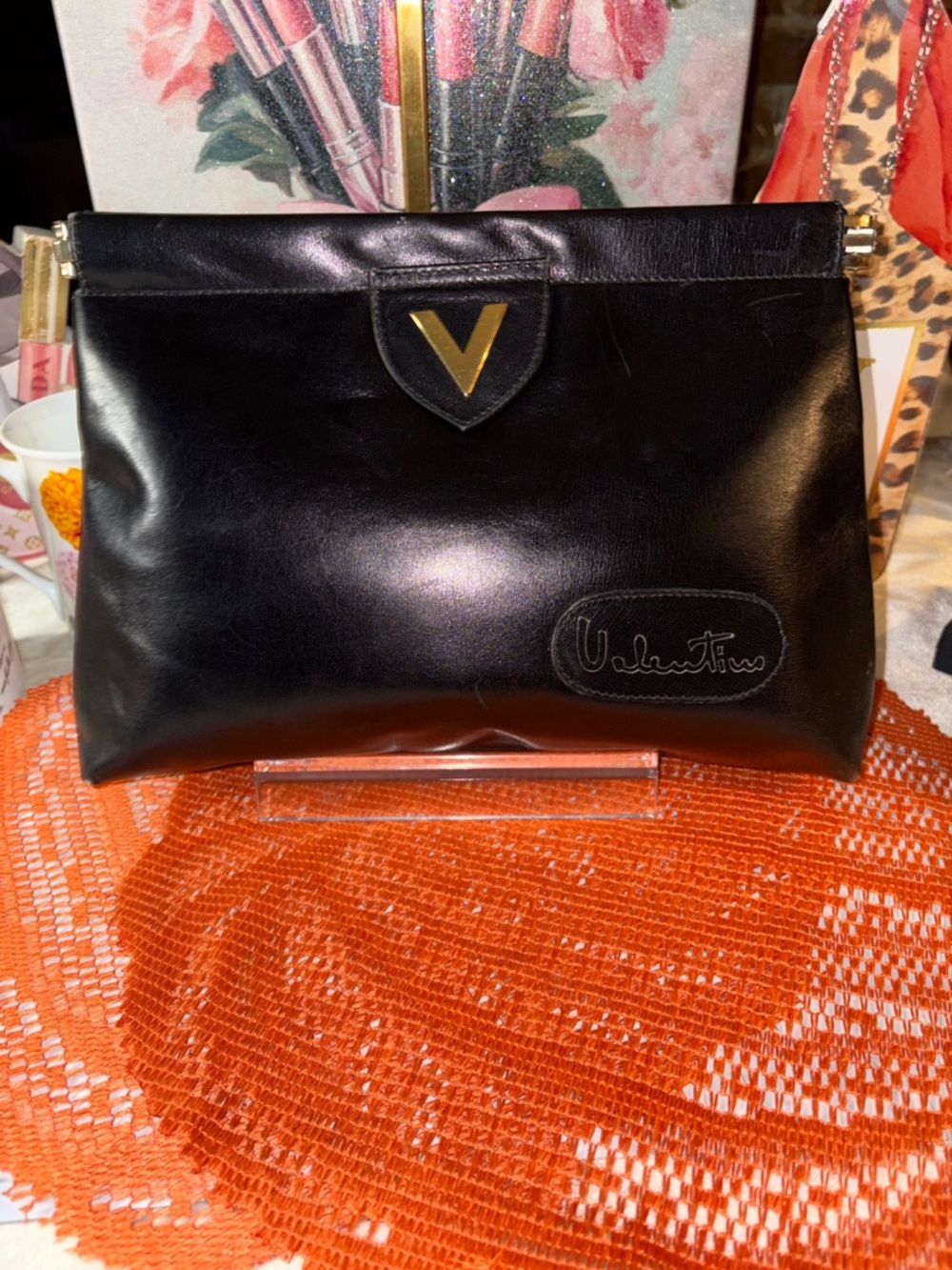 Valentino Black Leather Clutch with Gold V Logo